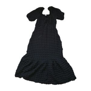 NY Invasion Black Textured Puff Sleeve Drop Waist Midi Dress Size M USA EUC